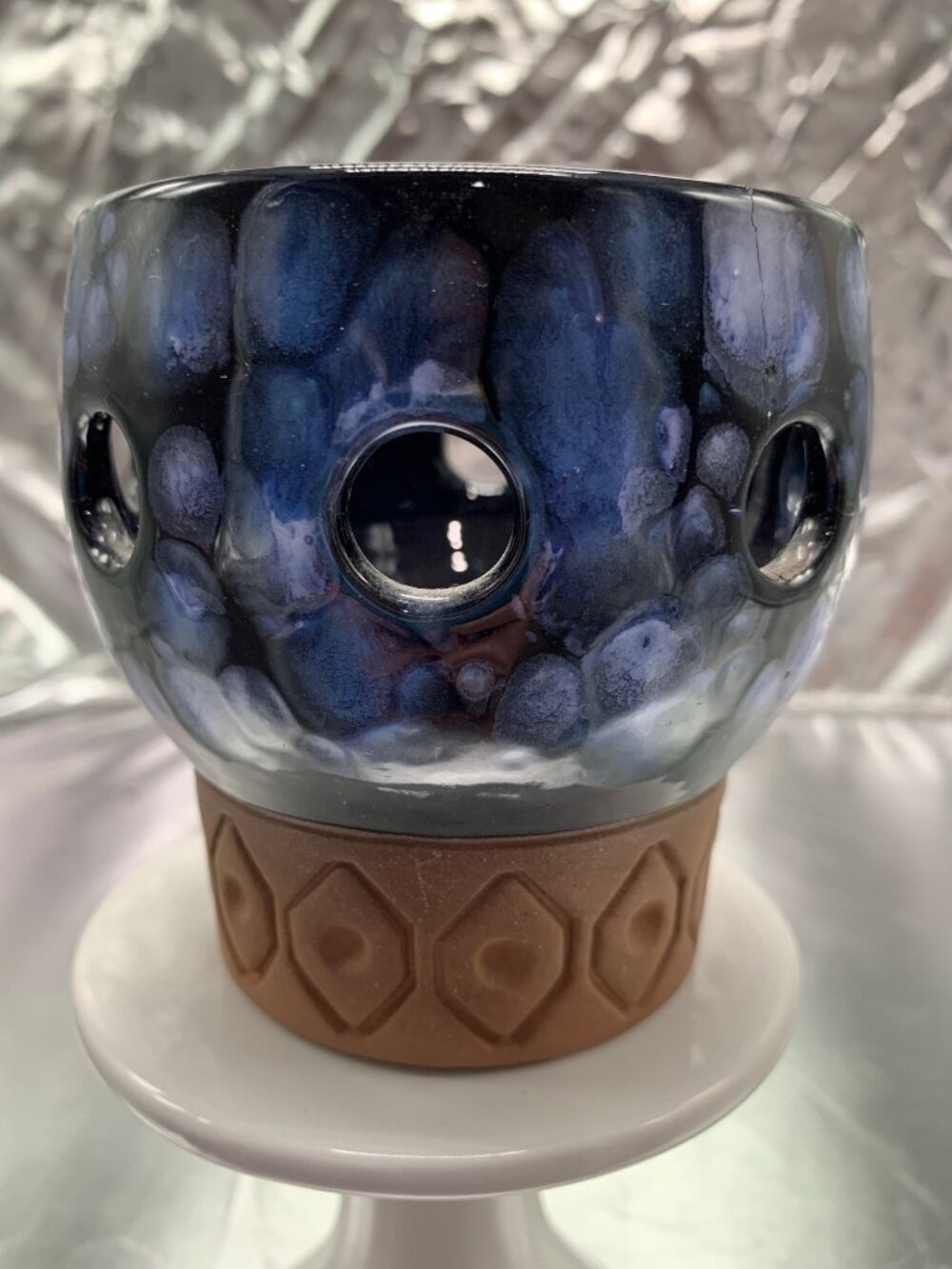 1970s Los Artesanos Puerta Rican Blue Glaze on Red Terra Cotta Lantern